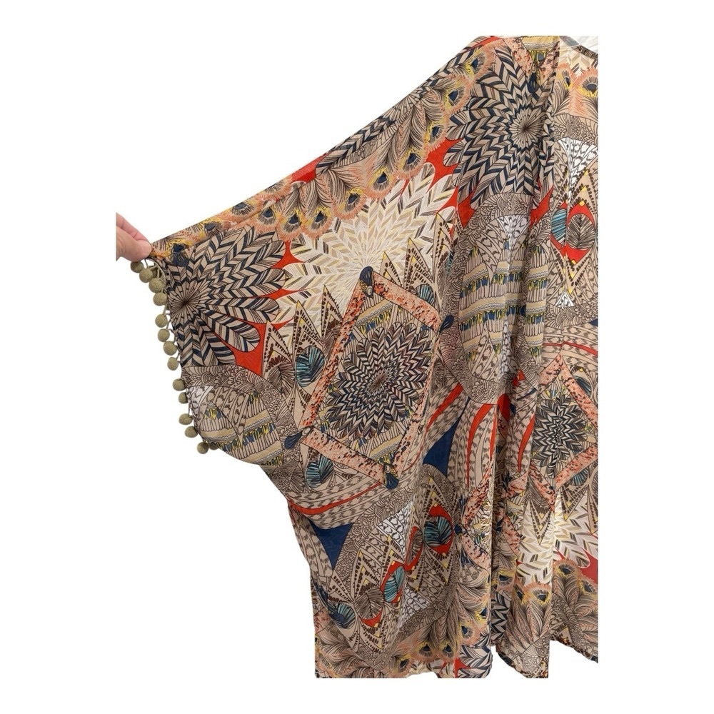 Bohemian Mosaic Curtain Panel with Pom-Pom Trim - Multi-Color
